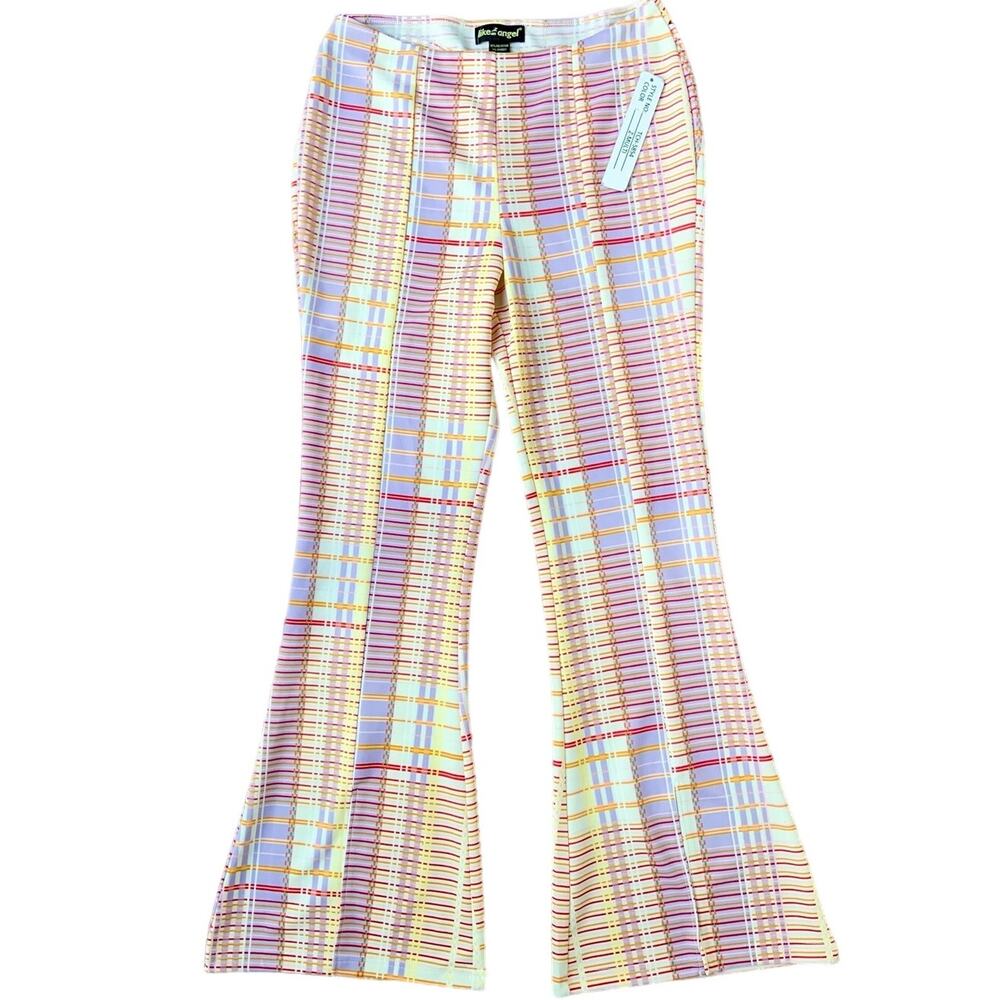 NWT Like an Angel Plaid Cut Out Back Colorful Y2K Style Flared Pants Women's XL - Picture 2 of 10